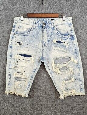 EDGY STYLING: Smoke Rise - Distressed Paint-Splatter Denim Shorts